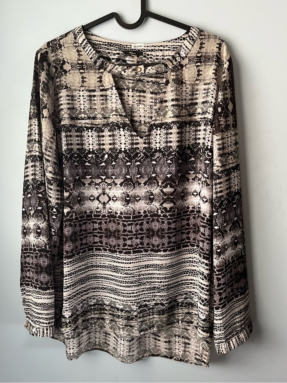 Milano Black & White Long Sleeve Semi-Sheer Snake-Print V-Neck Blouse